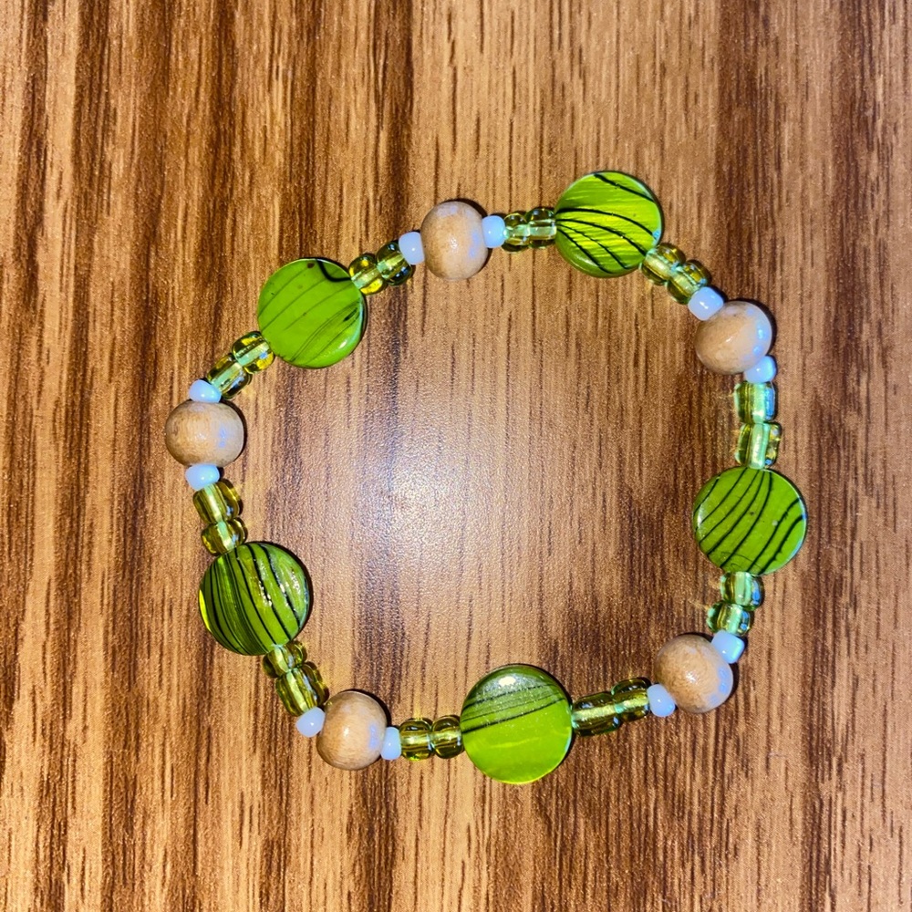 Green and Wood Beaded Bracelet